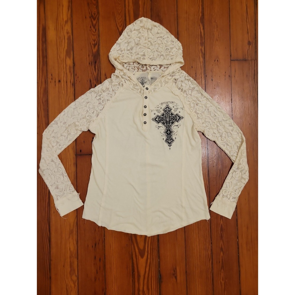 Affliction Y2K Womens L Cream Sheer Hooded Long Sleeve Floral Black Cross Punk